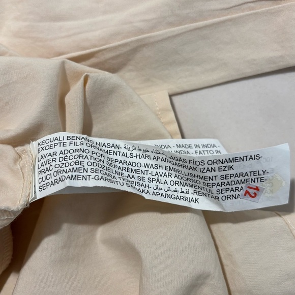 ZARA Sz L Collared Cream Shirt Dress Eyelet Lace Front Puff Sleeves Beaded Belt - Picture 11 of 14